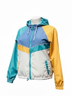 A.LAB Colorblock Hooded Windbreaker Jacket Teal Blue Yellow White XS